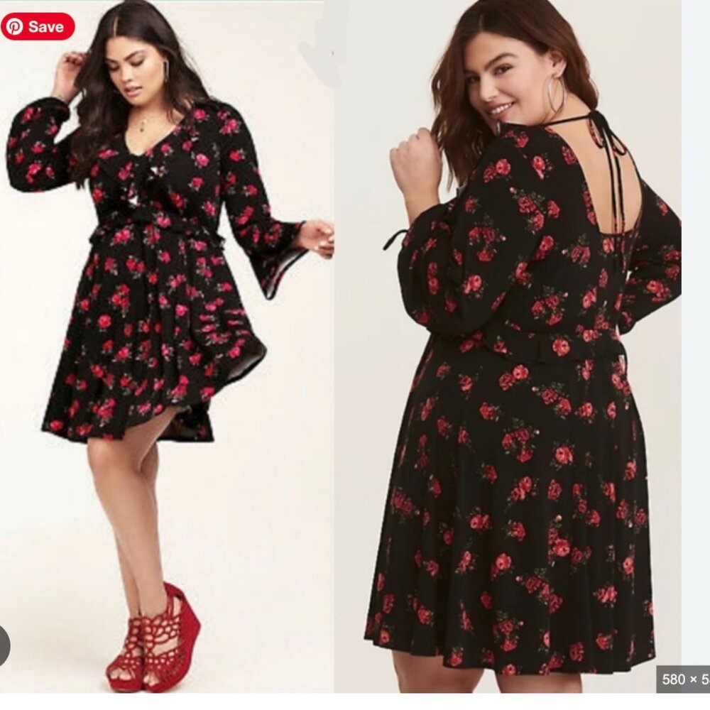 Torrid black floral jersey knit skater dress with a ruffled V-neck, SZ L